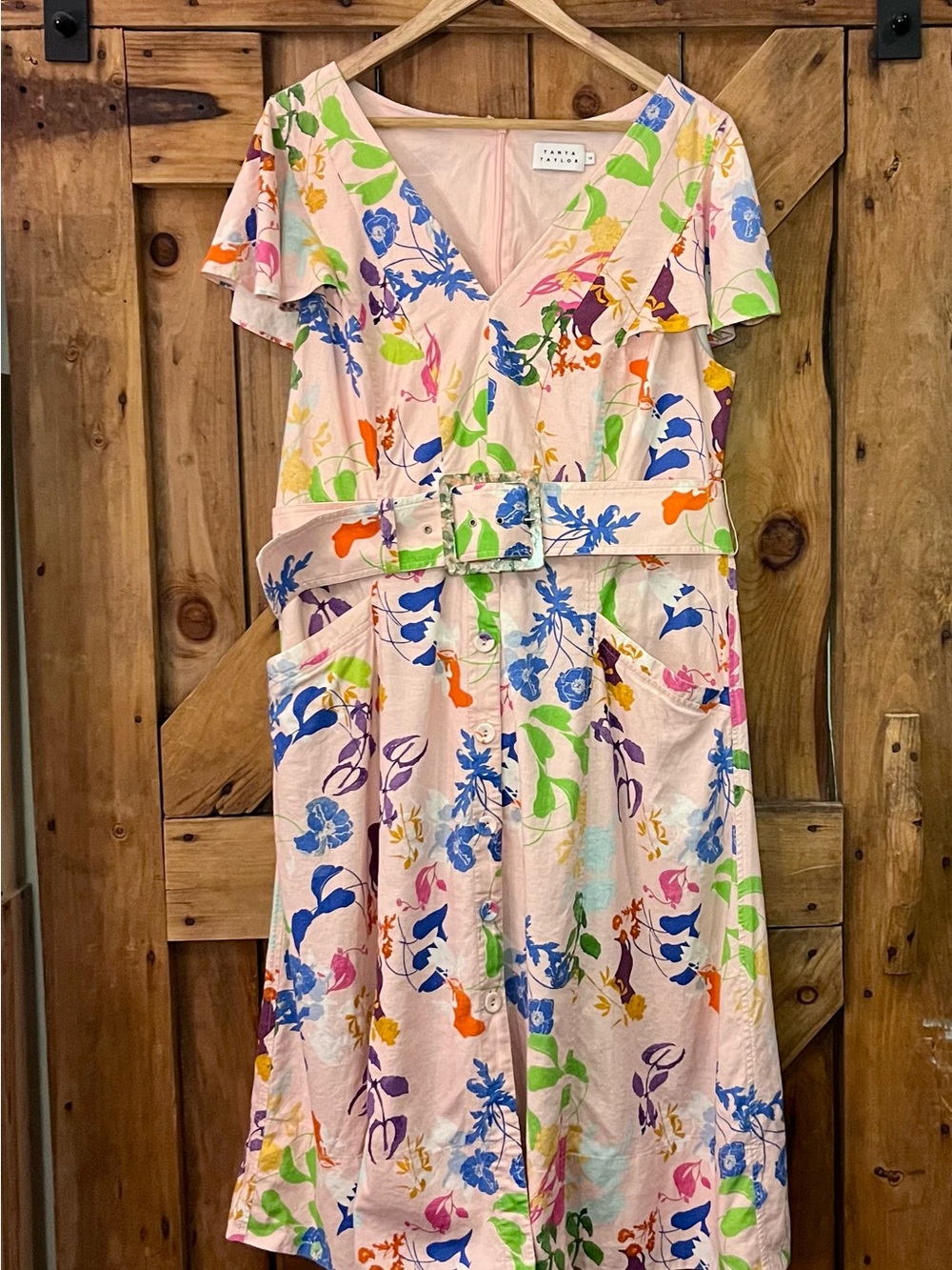 Tanya Taylor Pink Multicolor Floral Belted Midi Dress Size 14